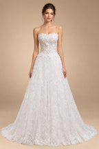 Luxury White Embroidered 3D Floral Strapless Ball Gown Wedding Dress ZP159