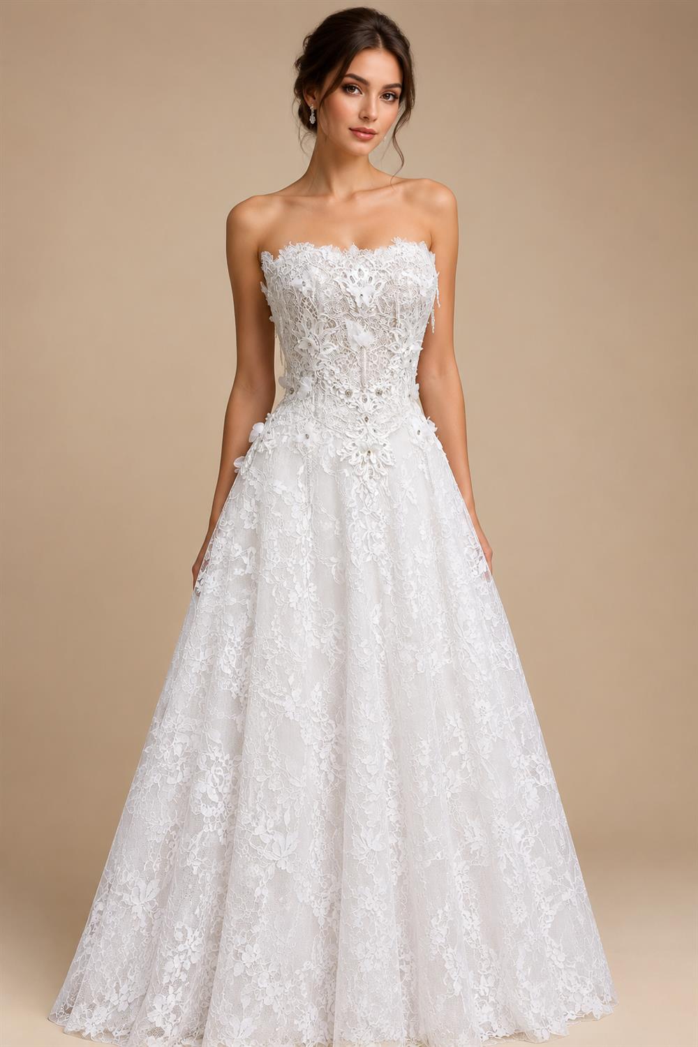 Luxury White Embroidered 3D Floral Strapless Ball Gown Wedding Dress ZP159