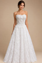 Luxury White Embroidered 3D Floral Strapless Ball Gown Wedding Dress ZP159
