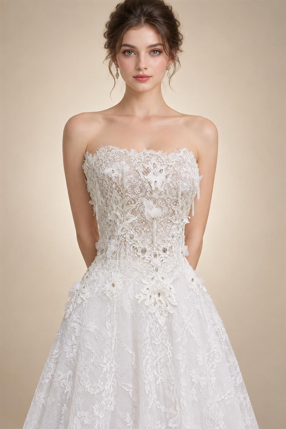 Luxury White Embroidered 3D Floral Strapless Ball Gown Wedding Dress ZP159