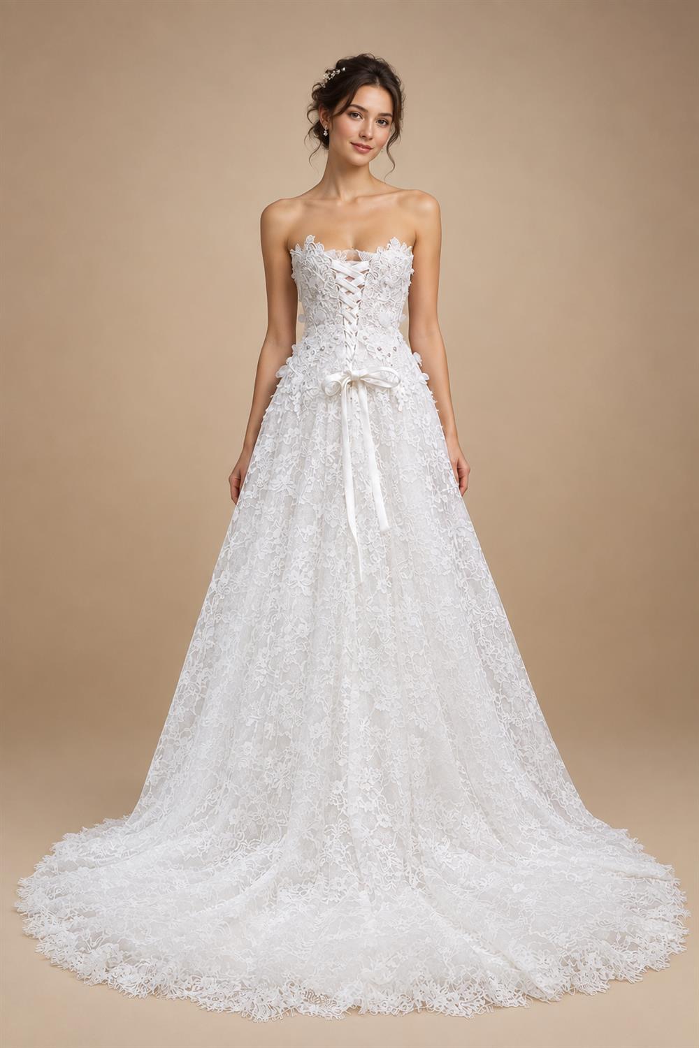 Luxury White Embroidered 3D Floral Strapless Ball Gown Wedding Dress ZP159