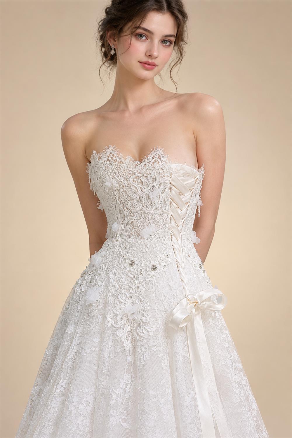 Luxury White Embroidered 3D Floral Strapless Ball Gown Wedding Dress ZP159