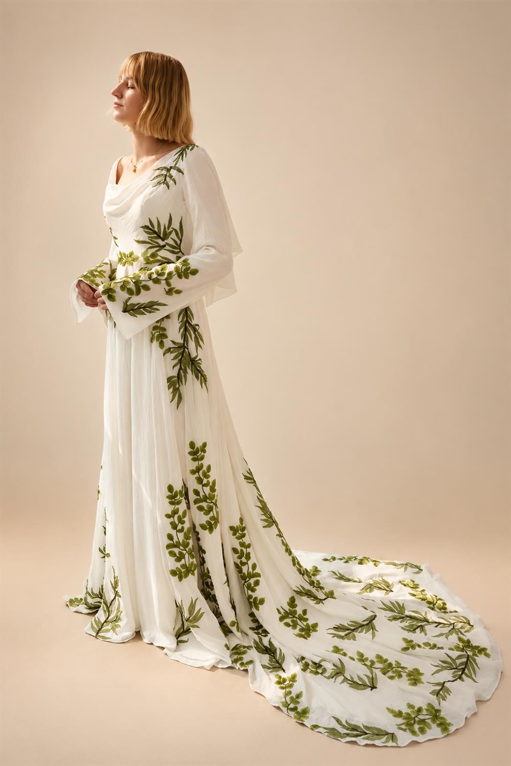 Luxury White & Green Botanical Print Cape Boho Train Wedding Dress ZP160