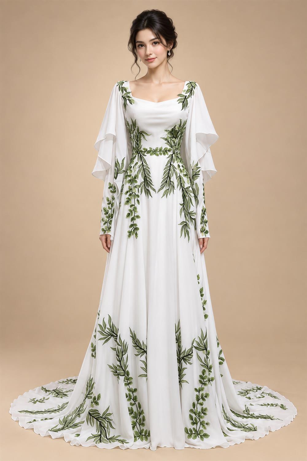 Luxury White & Green Botanical Print Cape Boho Train Wedding Dress ZP160