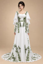 Luxury White & Green Botanical Print Cape Boho Train Wedding Dress ZP160