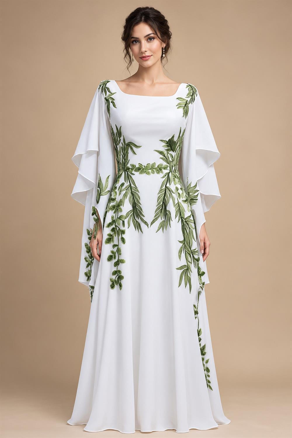 Luxury White & Green Botanical Print Cape Boho Train Wedding Dress ZP160