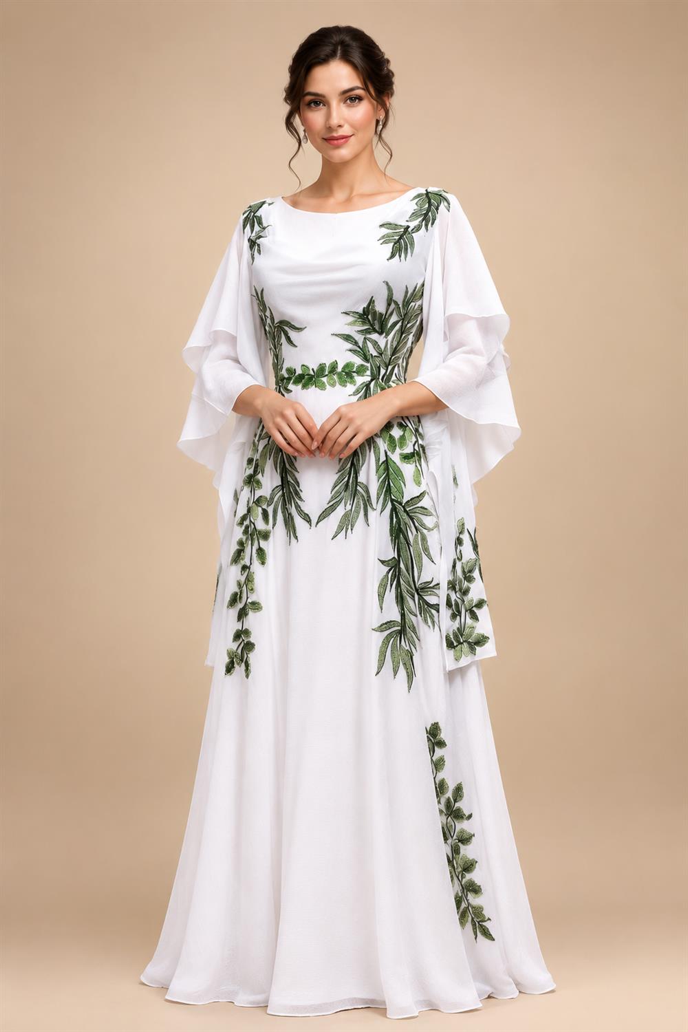 Luxury White & Green Botanical Print Cape Boho Train Wedding Dress ZP160