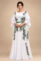Luxury White & Green Botanical Print Cape Boho Train Wedding Dress ZP160