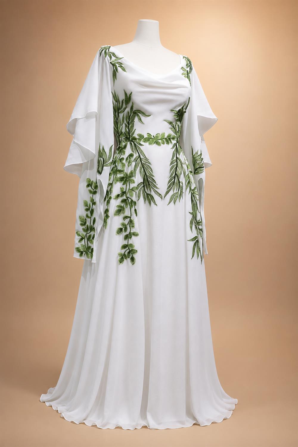Luxury White & Green Botanical Print Cape Boho Train Wedding Dress ZP160