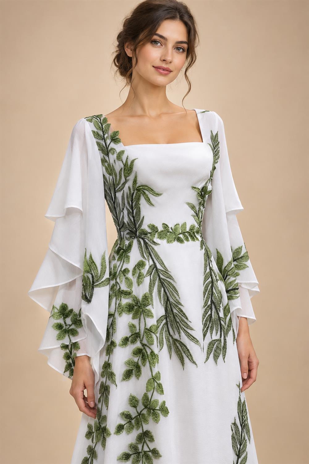 Luxury White & Green Botanical Print Cape Boho Train Wedding Dress ZP160