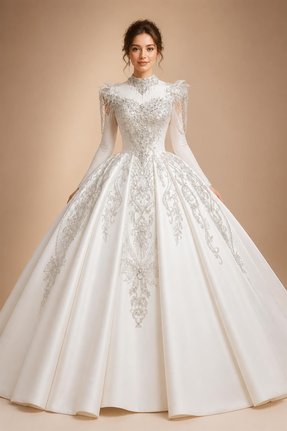 Luxury Satin Ivory Ball Gown with Silver Floral Embroidery Wedding Dress ZP165