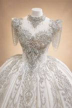 Luxury Satin Ivory Ball Gown with Silver Floral Embroidery Wedding Dress ZP165