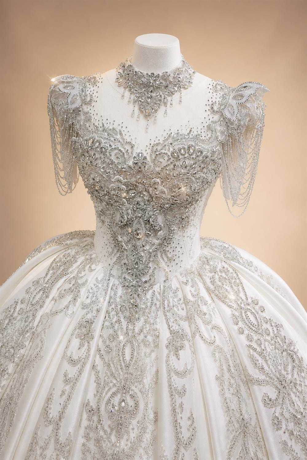 Luxury Satin Ivory Ball Gown with Silver Floral Embroidery Wedding Dress ZP165