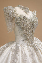 Luxury Satin Ivory Ball Gown with Silver Floral Embroidery Wedding Dress ZP165