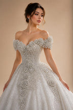 Ivory Luxury Satin Ball Gown with Silver Embroidery Wedding Dress ZP166