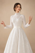 Luxury High Neck Lace Wedding Dress with Overskirt ZP174