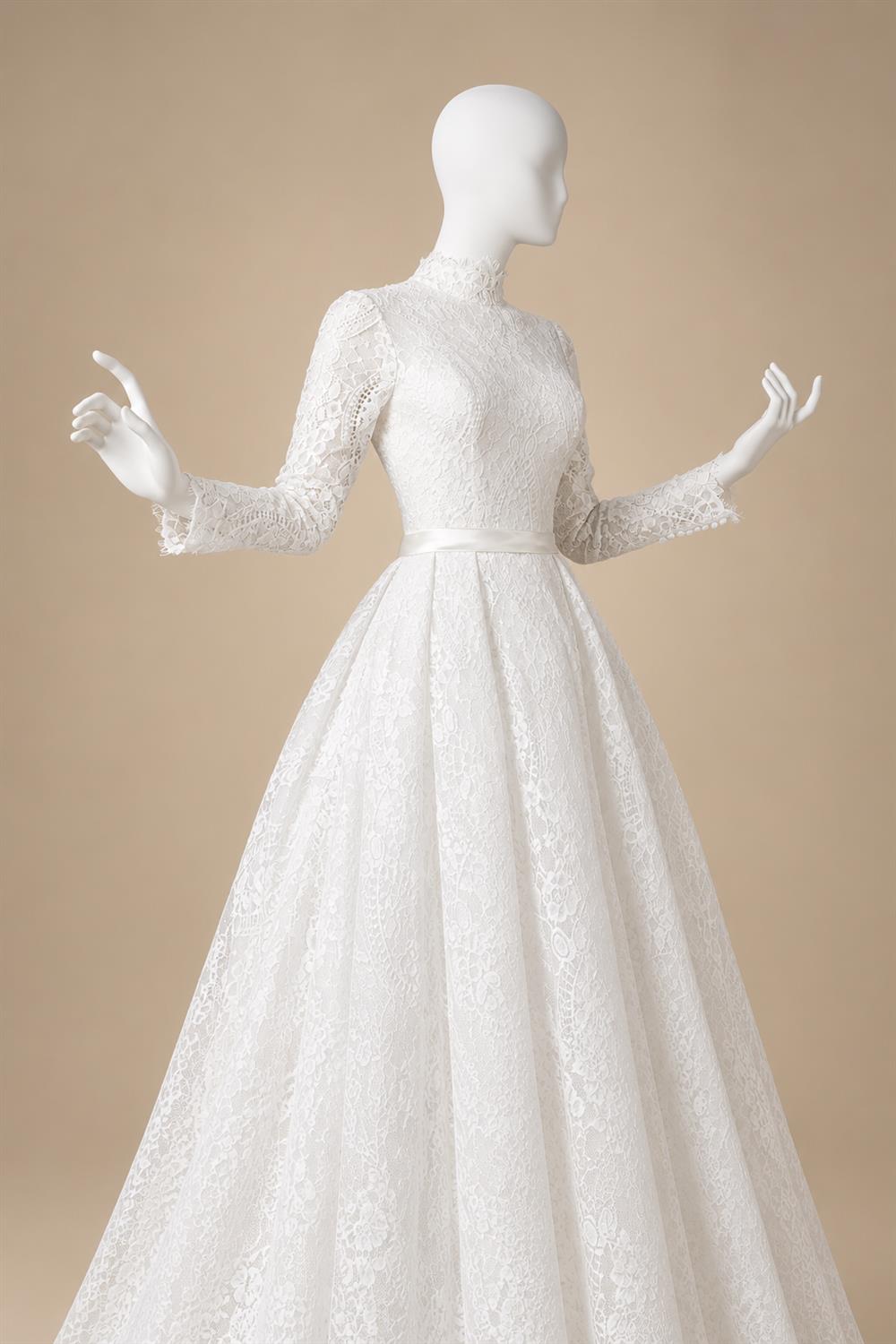 Luxury High Neck Lace Wedding Dress with Overskirt ZP174