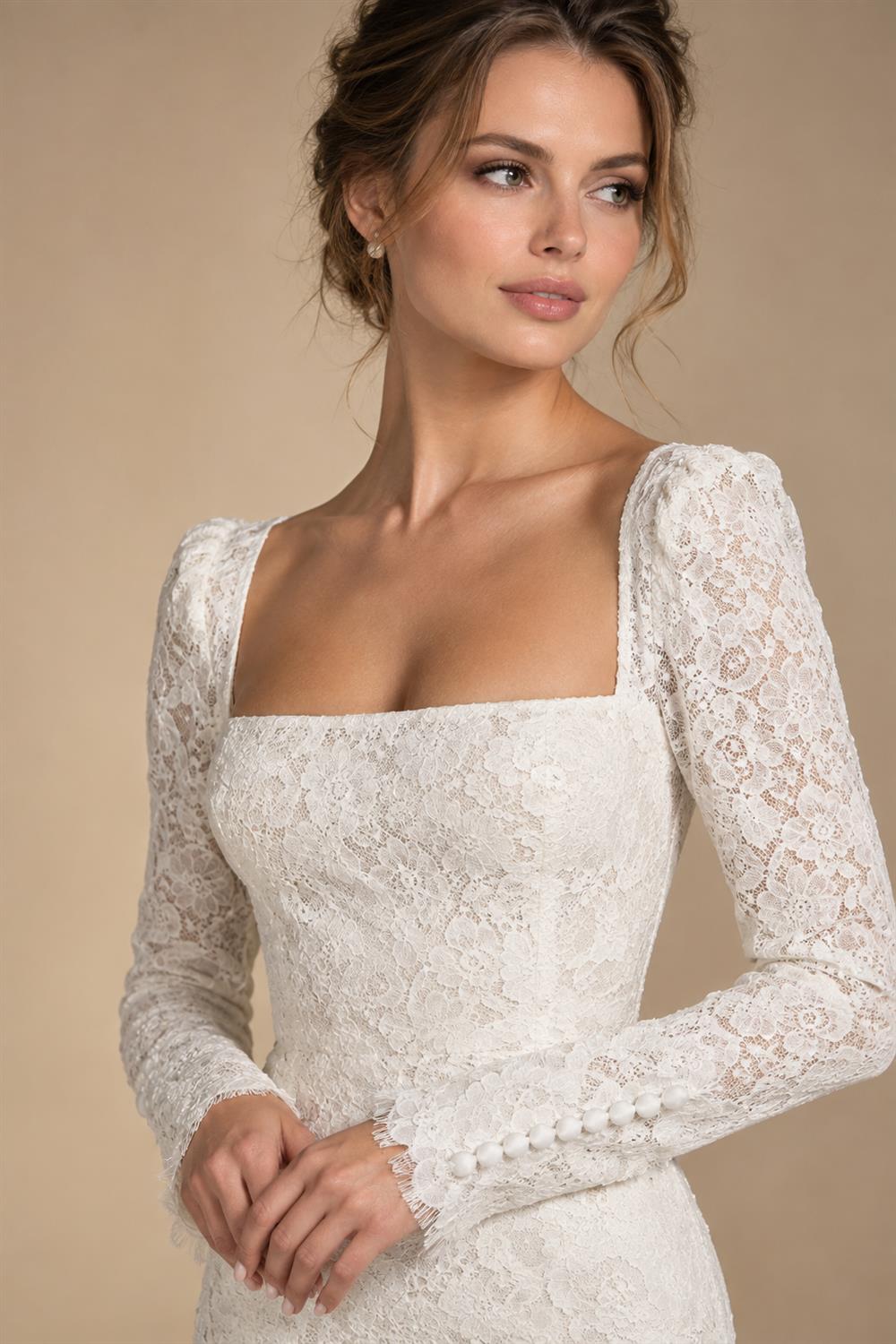 Luxury High Neck Lace Wedding Dress with Overskirt ZP174
