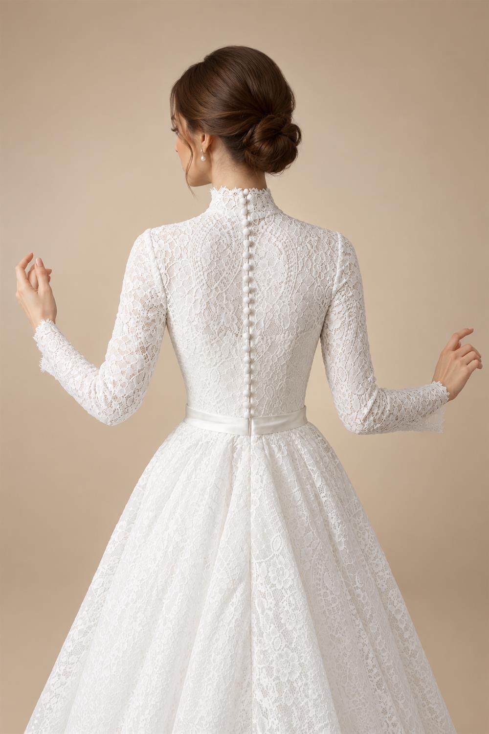 Luxury High Neck Lace Wedding Dress with Overskirt ZP174