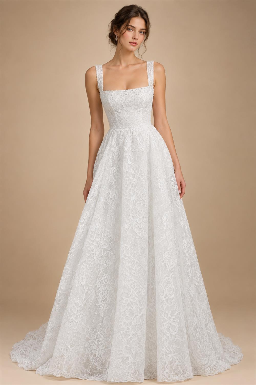 Luxury High Neck Lace Wedding Dress with Overskirt ZP174