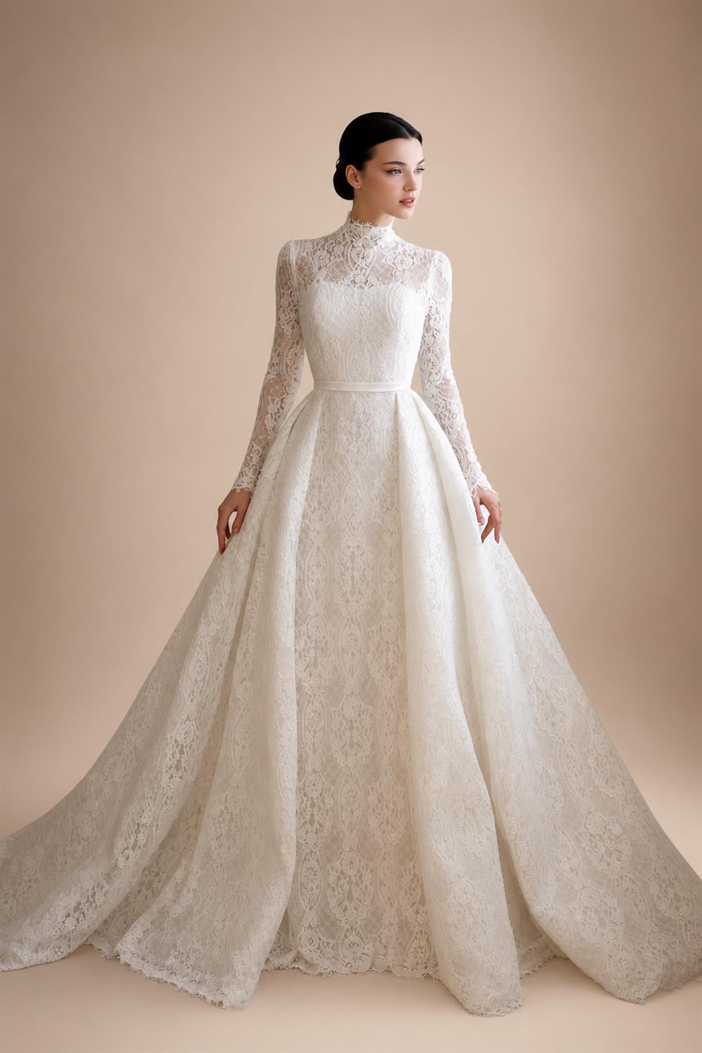 Luxury High Neck Lace Wedding Dress with Overskirt ZP174