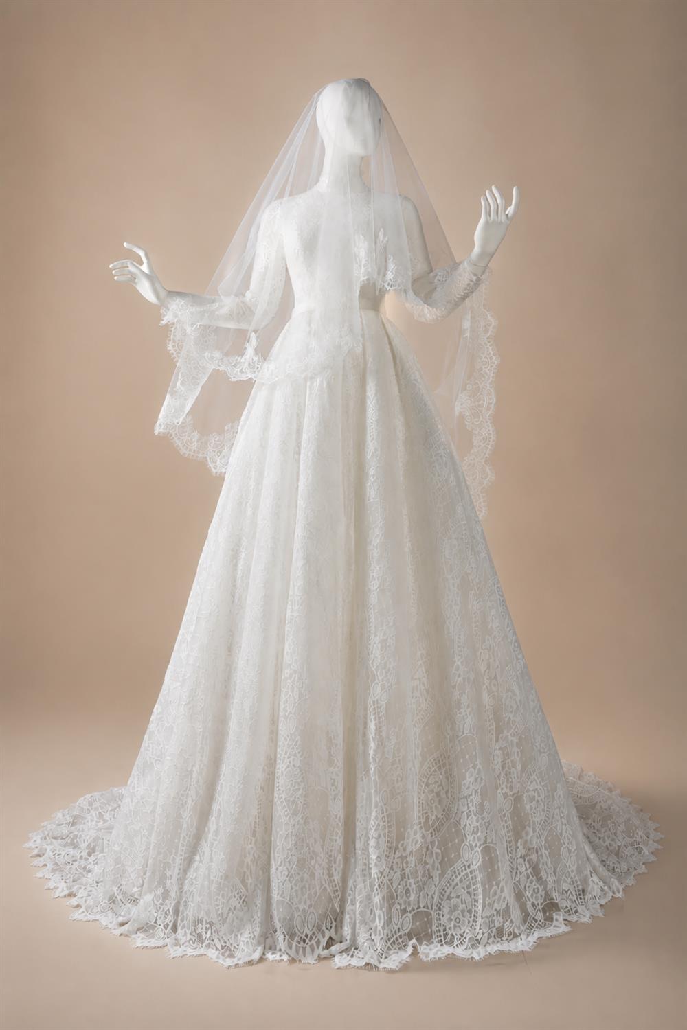 Luxury High Neck Lace Wedding Dress with Overskirt ZP174