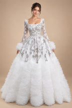Luxury White Off-Shoulder Diamond Ball Gown Wedding Dress with Cape ZP187