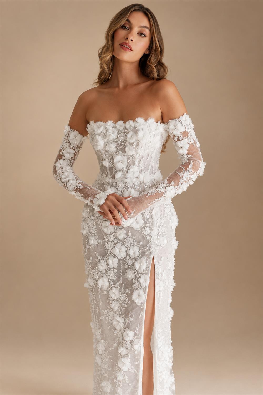 Luxury 3D Floral Sequin Strapless Wedding Dress with Detachable Sleeves ZP188