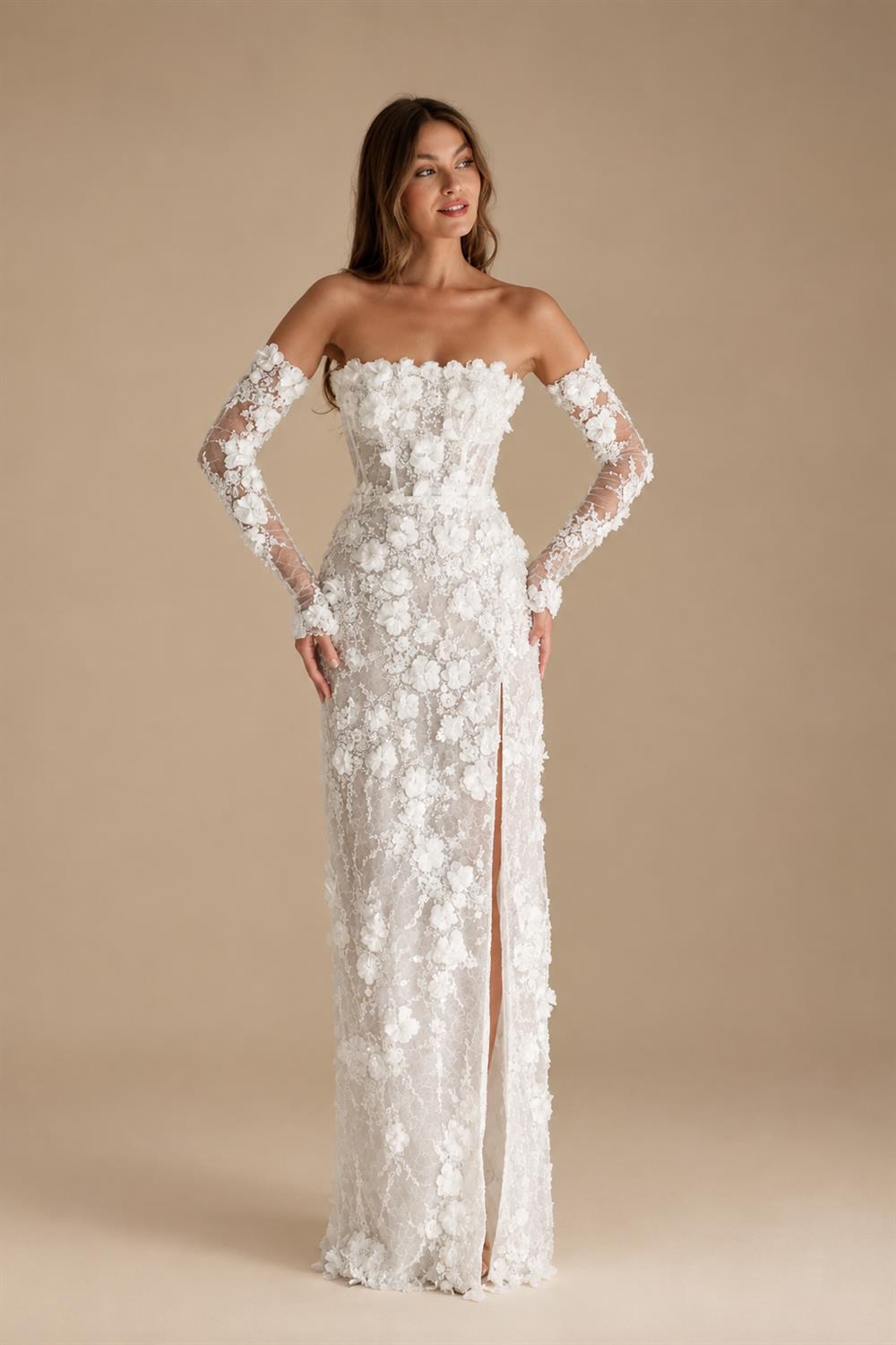 Luxury 3D Floral Sequin Strapless Wedding Dress with Detachable Sleeves ZP188