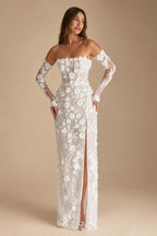 Luxury 3D Floral Sequin Strapless Wedding Dress with Detachable Sleeves ZP188