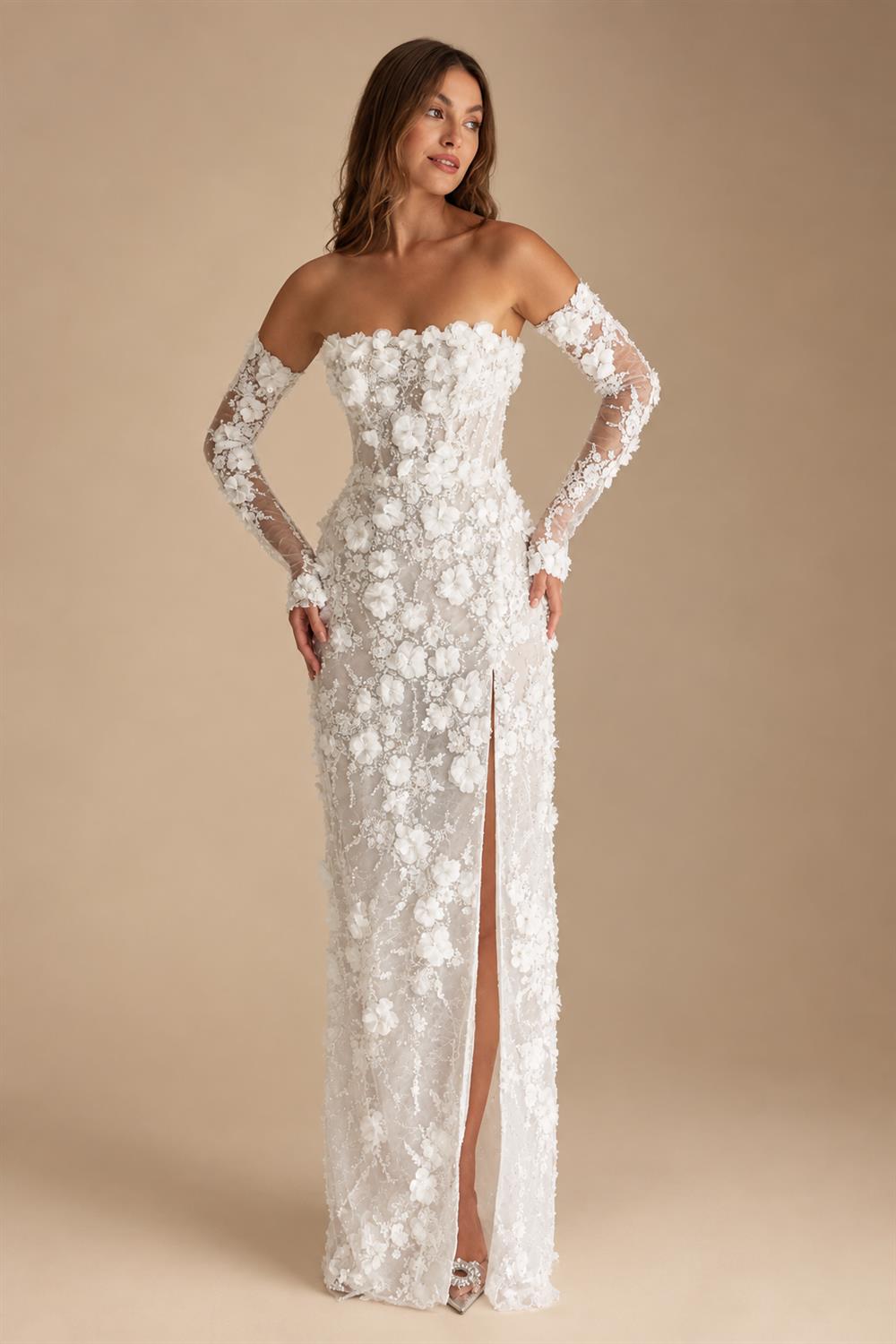 Luxury 3D Floral Sequin Strapless Wedding Dress with Detachable Sleeves ZP188