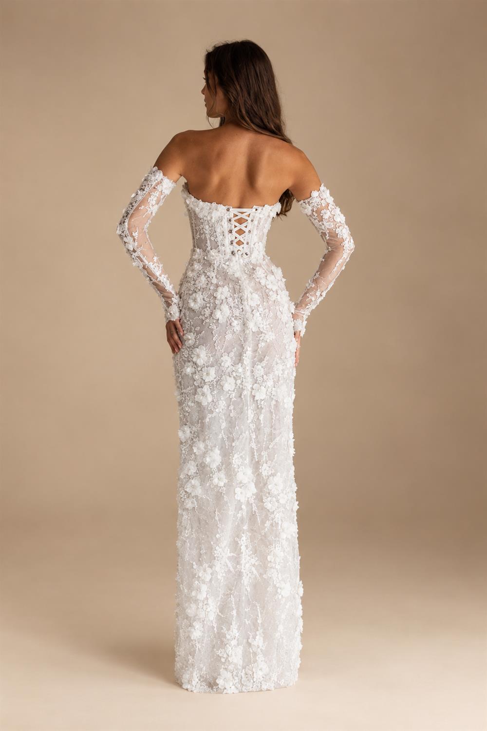Luxury 3D Floral Sequin Strapless Wedding Dress with Detachable Sleeves ZP188