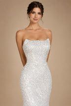 Luxury White Sequin Pearl Strapless Short Wedding Dress ZP189