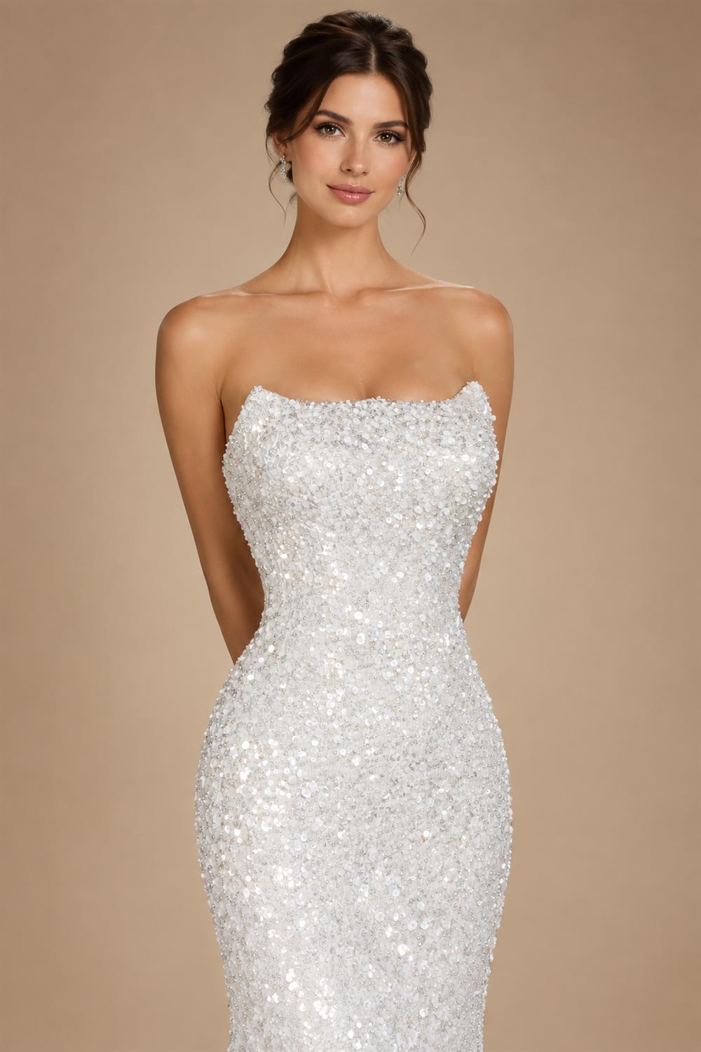 Luxury White Sequin Pearl Strapless Short Wedding Dress ZP189