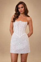 Luxury White Sequin Pearl Strapless Short Wedding Dress ZP189