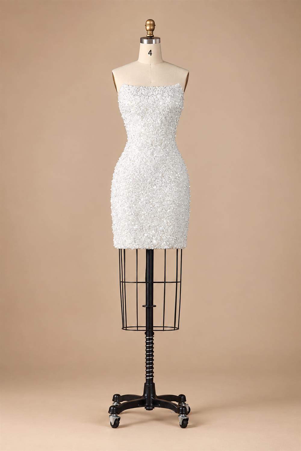 Luxury White Sequin Pearl Strapless Short Wedding Dress ZP189