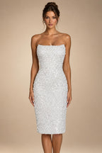 Luxury White Sequin Pearl Strapless Short Wedding Dress ZP189