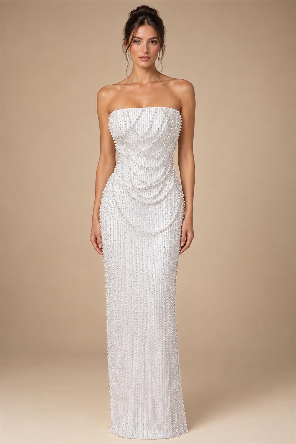 Luxury White Sequin Pearl Strapless Wedding Dress ZP190