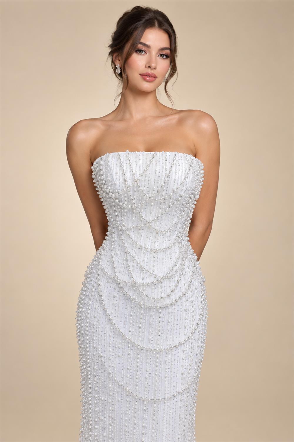 Luxury White Sequin Pearl Strapless Wedding Dress ZP190