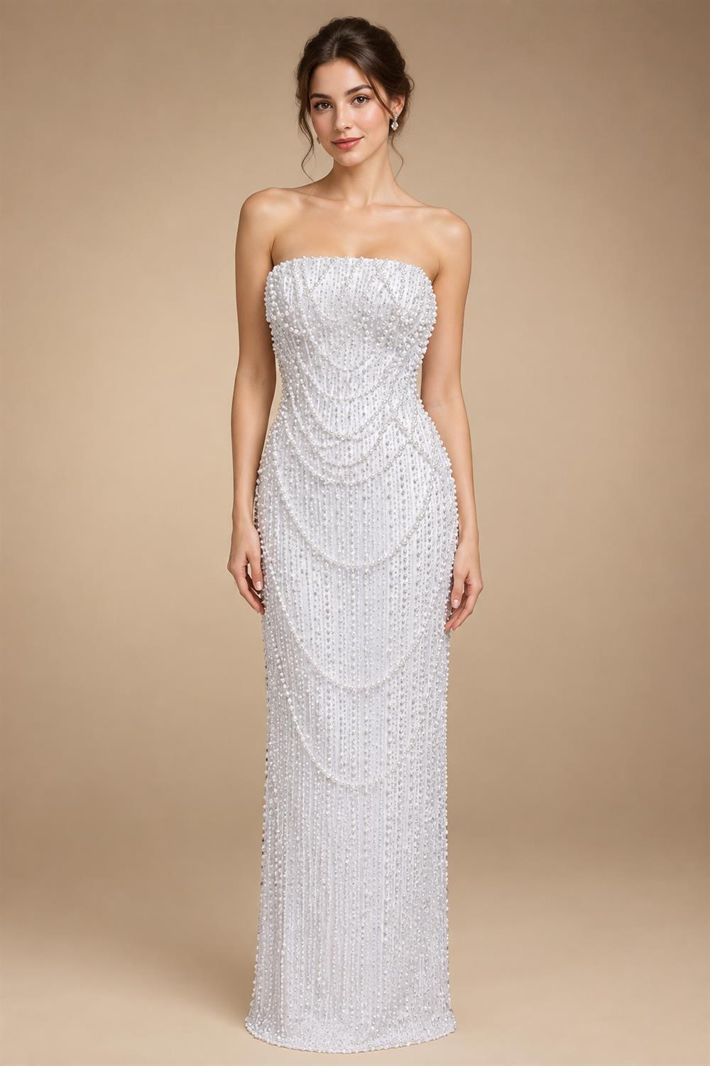 Luxury White Sequin Pearl Strapless Wedding Dress ZP190