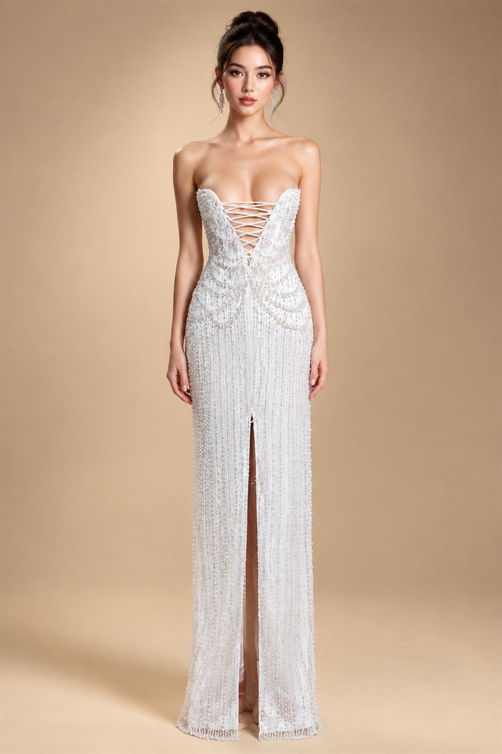 Luxury White Sequin Pearl Strapless Wedding Dress ZP190