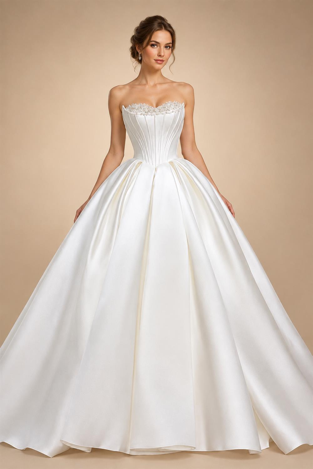 Luxury Pearl Strapless Ball Gown White Wedding Dress ZP192