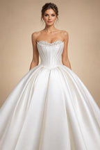 Luxury Pearl Strapless Ball Gown White Wedding Dress ZP192