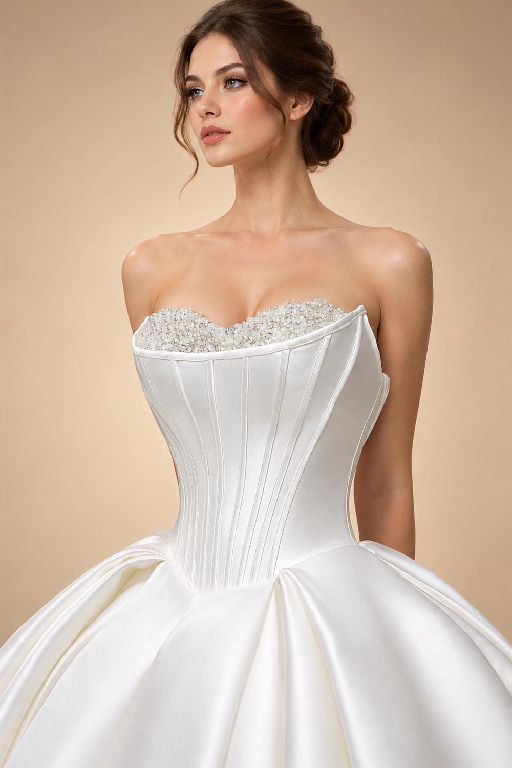 Luxury Pearl Strapless Ball Gown White Wedding Dress ZP192