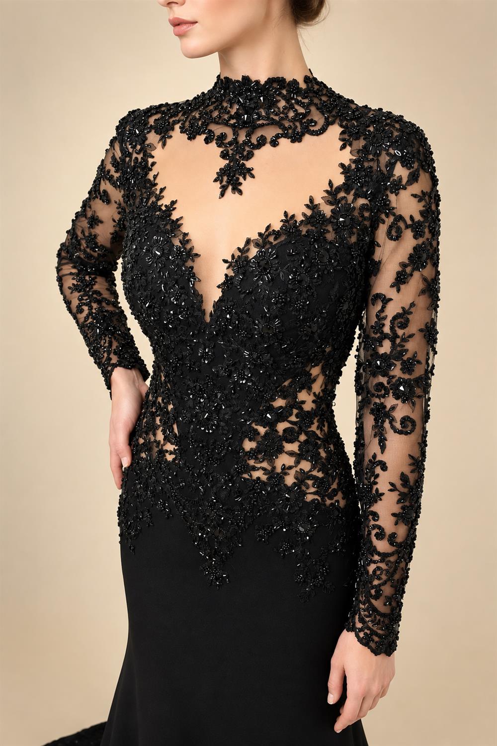 Black Luxury Gothic Heavy Beading Wedding Dress Mermaid Sheer Full Lace Circular Train ZP193
