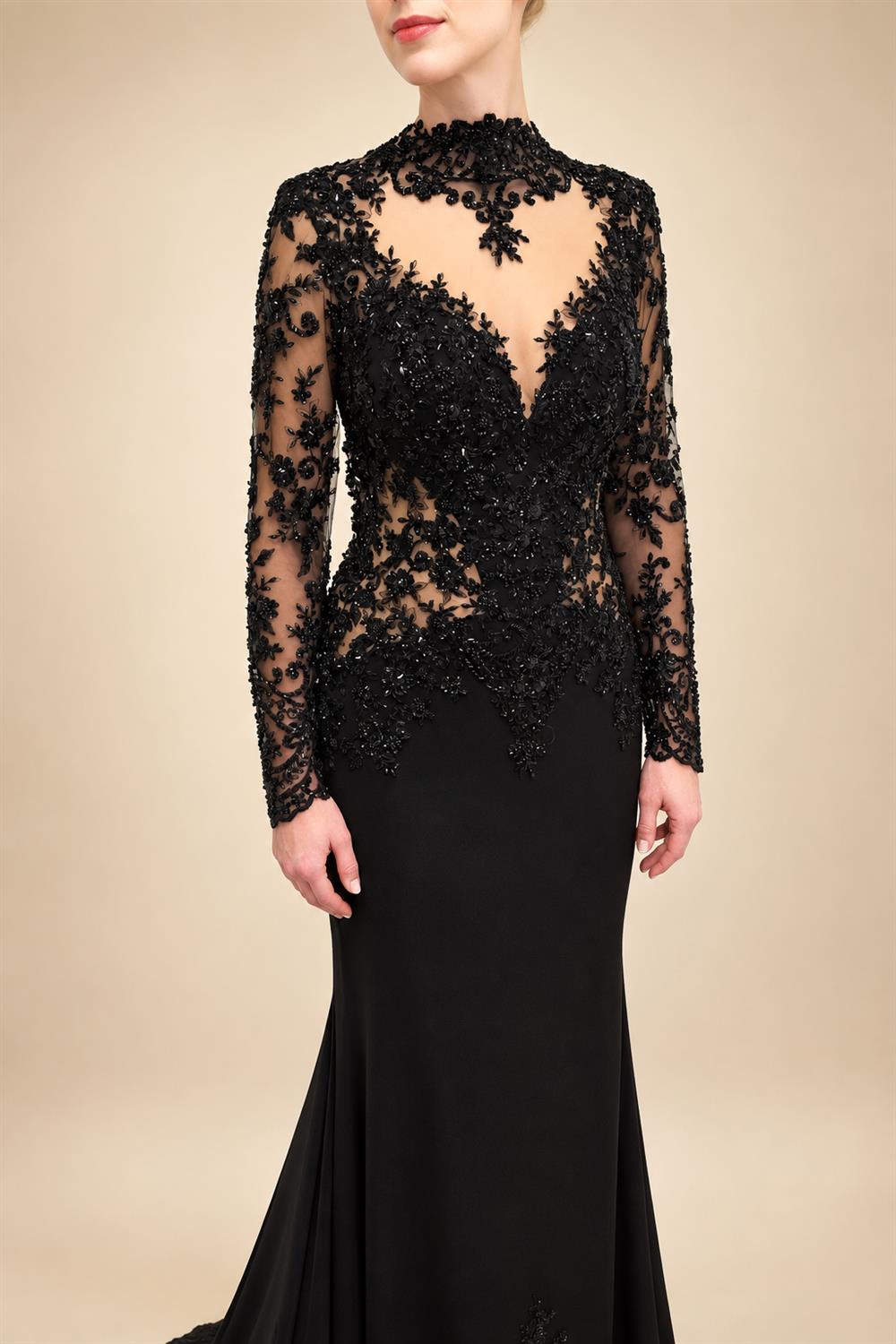 Black Luxury Gothic Heavy Beading Wedding Dress Mermaid Sheer Full Lace Circular Train ZP193