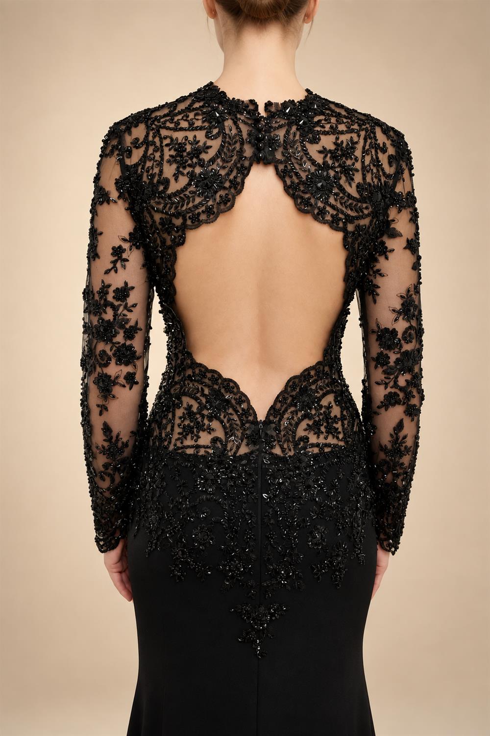 Black Luxury Gothic Heavy Beading Wedding Dress Mermaid Sheer Full Lace Circular Train ZP193