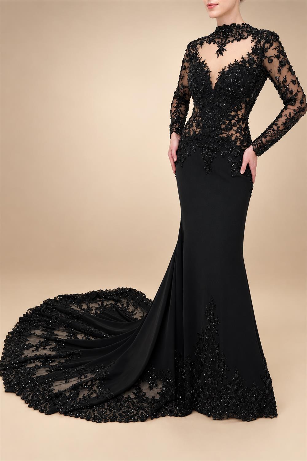 Black Luxury Gothic Heavy Beading Wedding Dress Mermaid Sheer Full Lace Circular Train ZP193