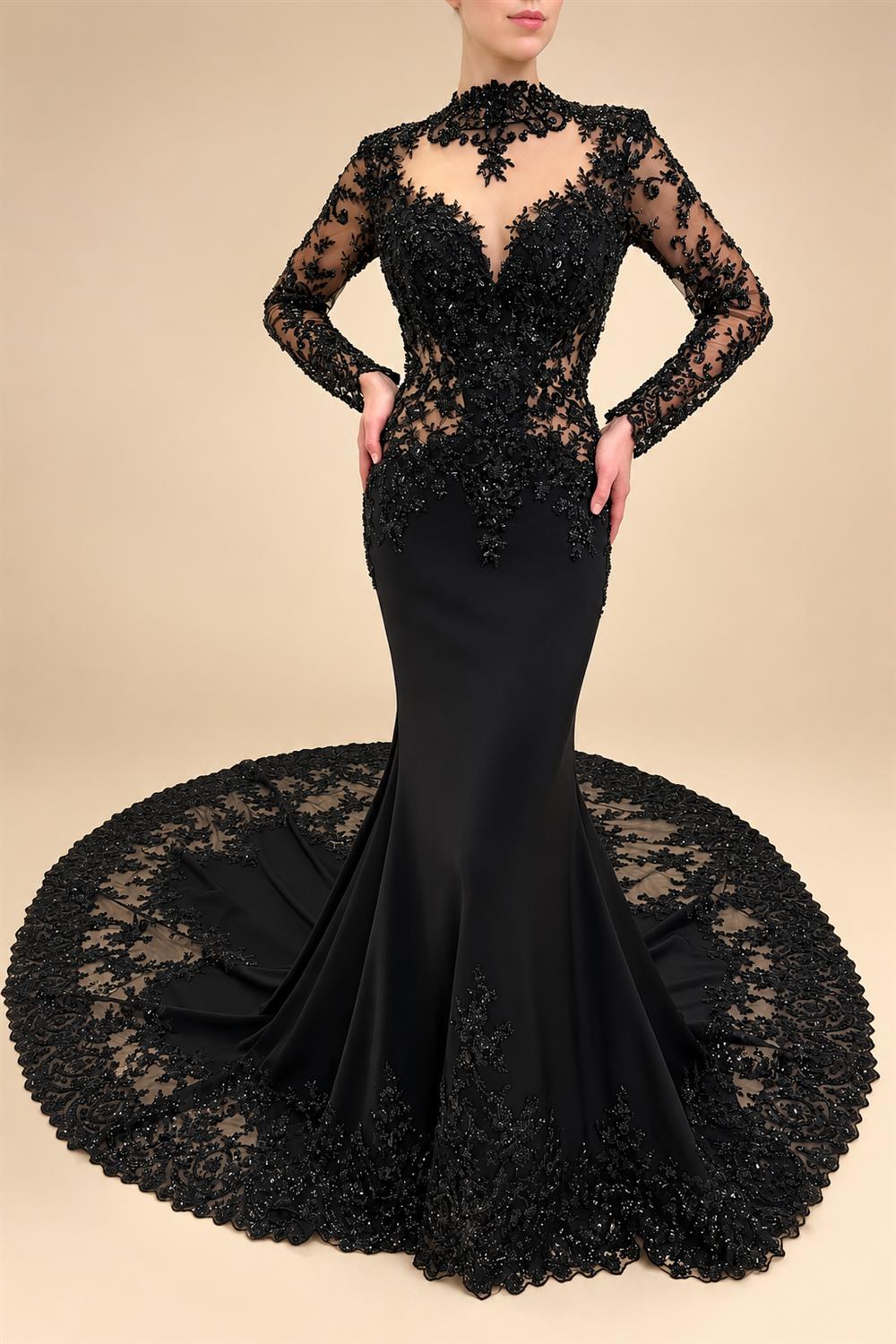 Black Luxury Gothic Heavy Beading Wedding Dress Mermaid Sheer Full Lace Circular Train ZP193