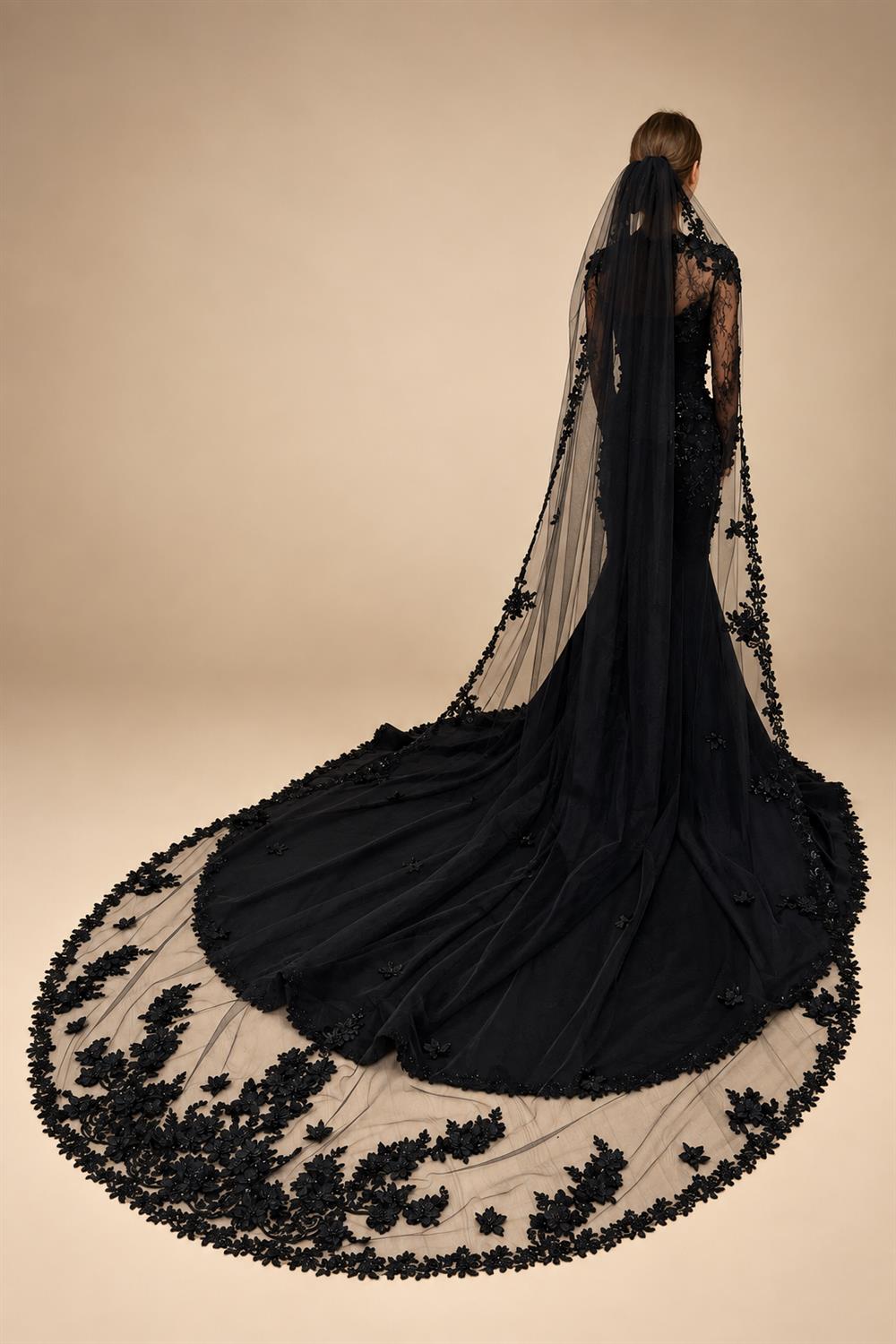 Black Luxury Gothic Wedding Dress Mermaid 3D Floral  With Lace Edge Train ZP194
